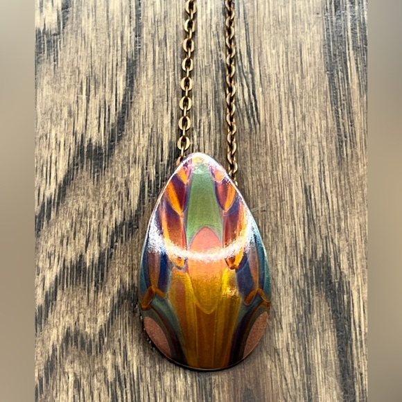 Copper Painted  Teardrop Pendant Necklace Artisan Made One of a kind Colorful - Picture 13 of 15